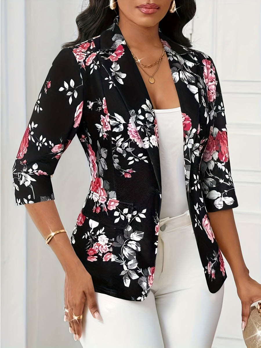 Elegant Women'S Outing, Dating, Work Versatile Fashion Printed Single-Button Blazer - Black