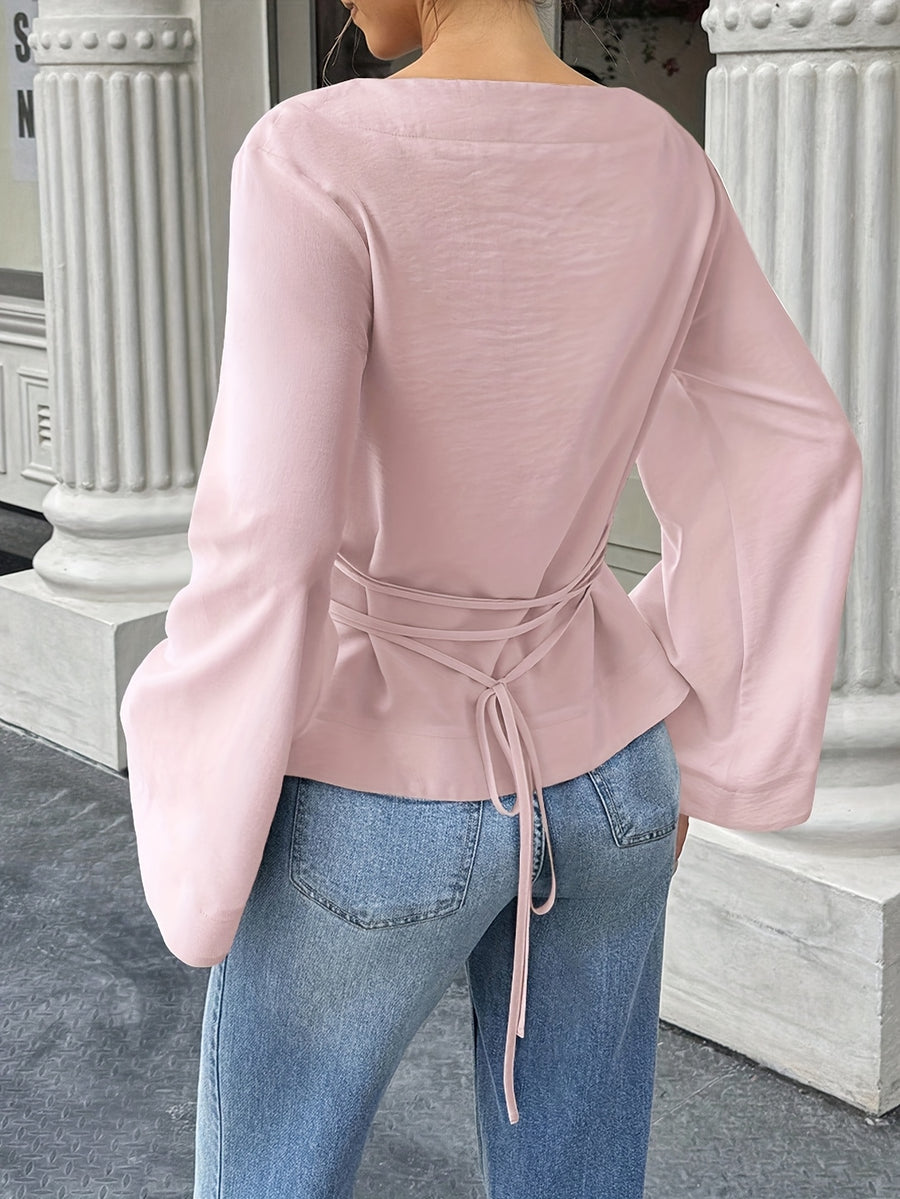 Women'S Solid Back Tie Flared Sleeve Blouse - pink color
