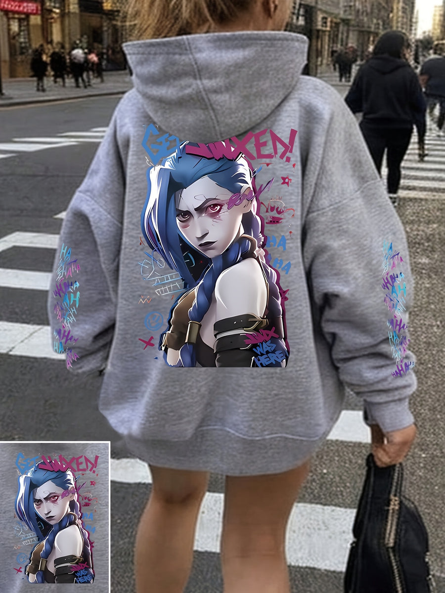Cartoon and Animation Printed Single Piece Loose Casual Hooded Tri Luo Fashion Women's Hoodie Sweatshirt - Grey