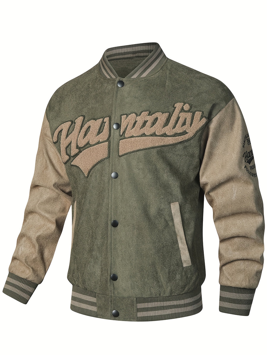 (New in Spring) Unisex, with Letter Embroidery on Chest, Casual And Fashionable, College-Style Baseball Uniform Jacket - Olive
