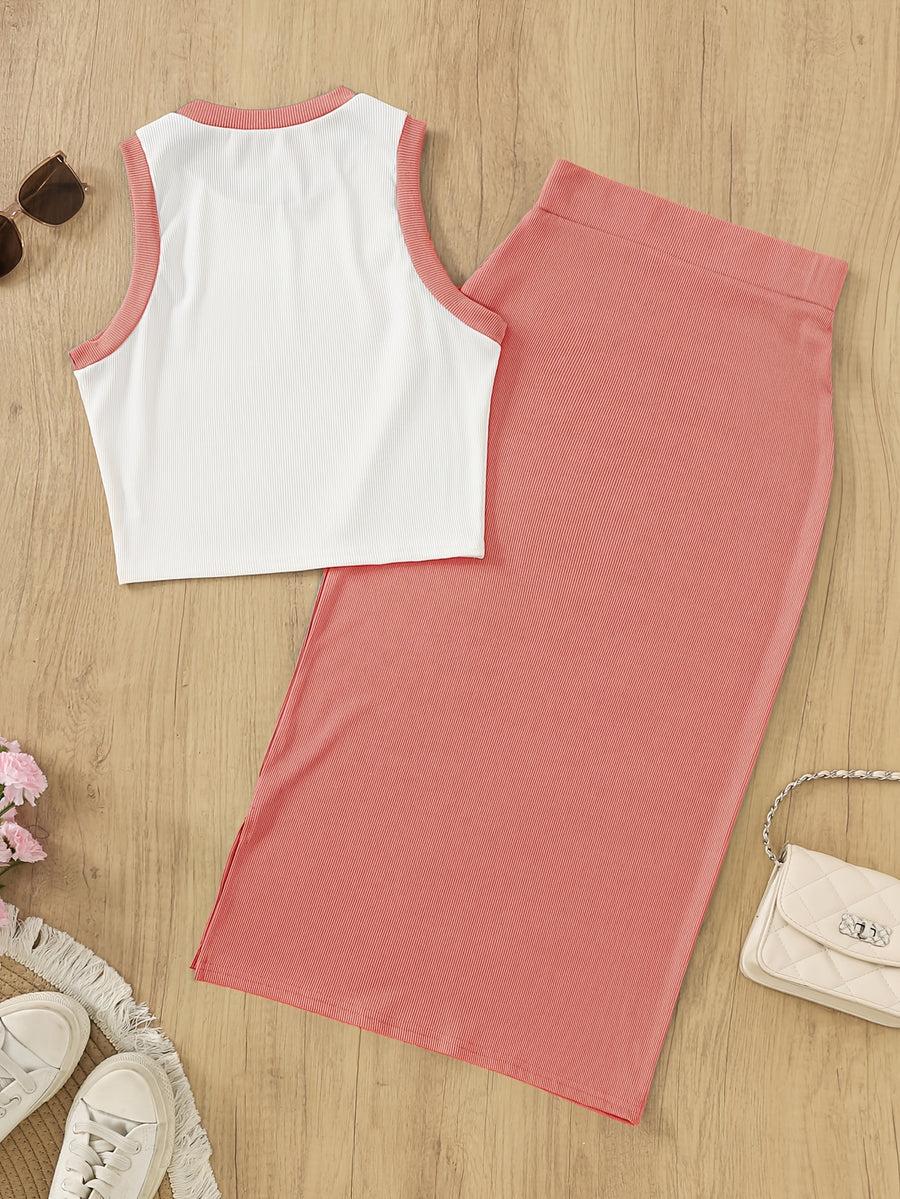 Women'S Sleeveless Vest And Slit Skirt Set - Pink Color