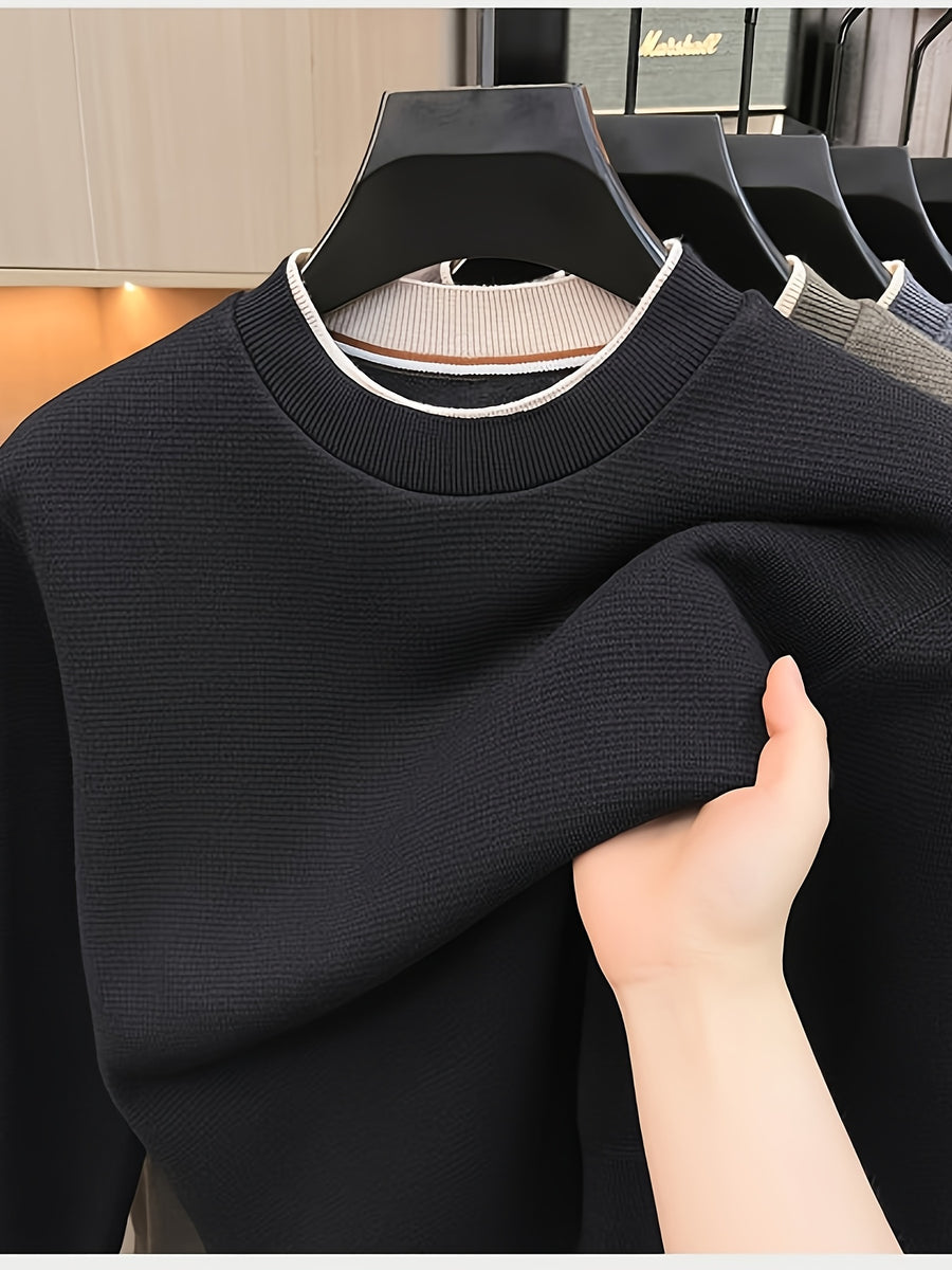 Men'S Round Neck Knit Sweater, Gray Contrast Trimmed Collar Long Sleeve, Light Business Style, Regular Fit for Fall/Winter, Suitable for Layering And Casual Outings - Black