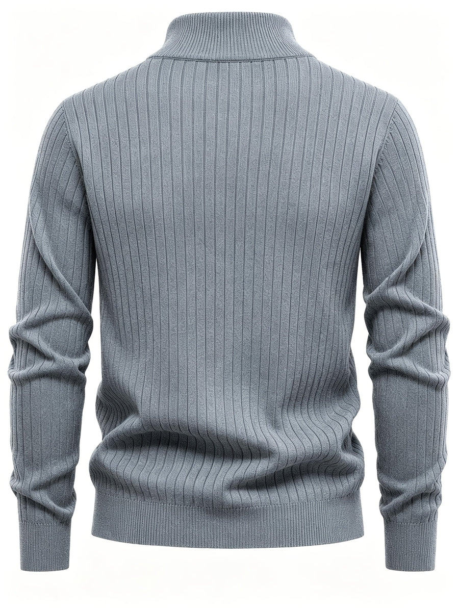 Autumn/Winter New Men's Stand Collar Zipper Design Fashionable Sweater, Knitted Versatile Stretchy Long-Sleeve Pullover with Small Rib Texture, for Home and Commuting, Vintage Men's Top - Flecking Gray