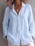Women's Elegant V-Neck Loose Fit Lazy Linen Textured Shirt - Sky Blue