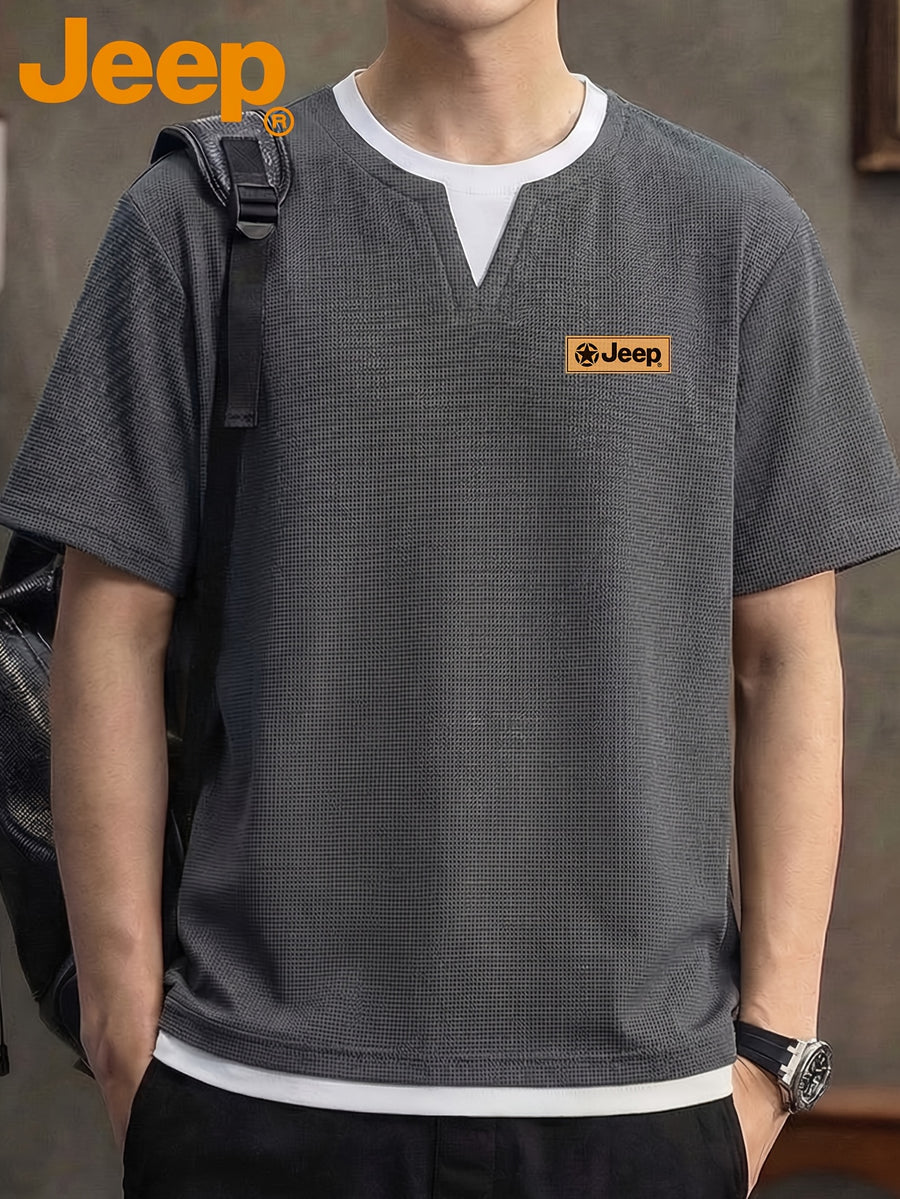 JEEP Men's Summer Waffle Knit 2-in-1 Look Short Sleeve T-Shirt - Medium Grey