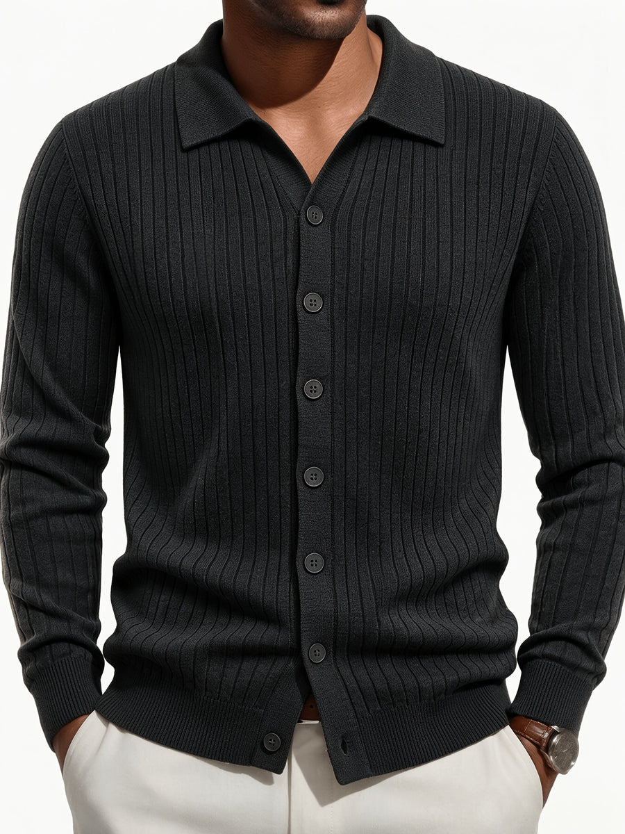 Men's Vertical Striped Knit Cardigan, Lapel Polo Collar Button Long Sleeve Slim Fit Knitted Sweater Jacket for Fall Winter Casual Outwear - Black