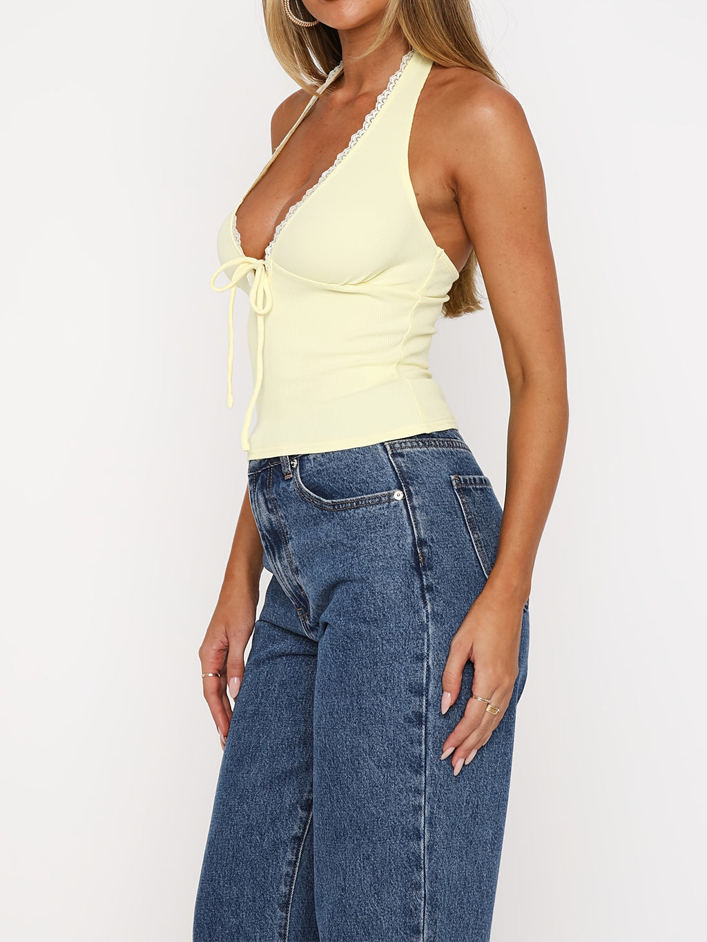 Women'S Stylish Halter V-Neck Lace Patchwork Cute Tie-Up Tank Top - Yellow