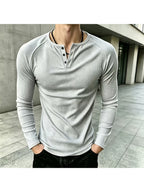 Men Long Sleeve Henley T-Shirt, Loose Trendy Brand Designed Top, Vertical Ribbed Knit Pullover, Breathable Comfort Fashion Casual Tee, Raglan Sleeve Half Button Placket Shirts for Daily Outfits - Light Grey