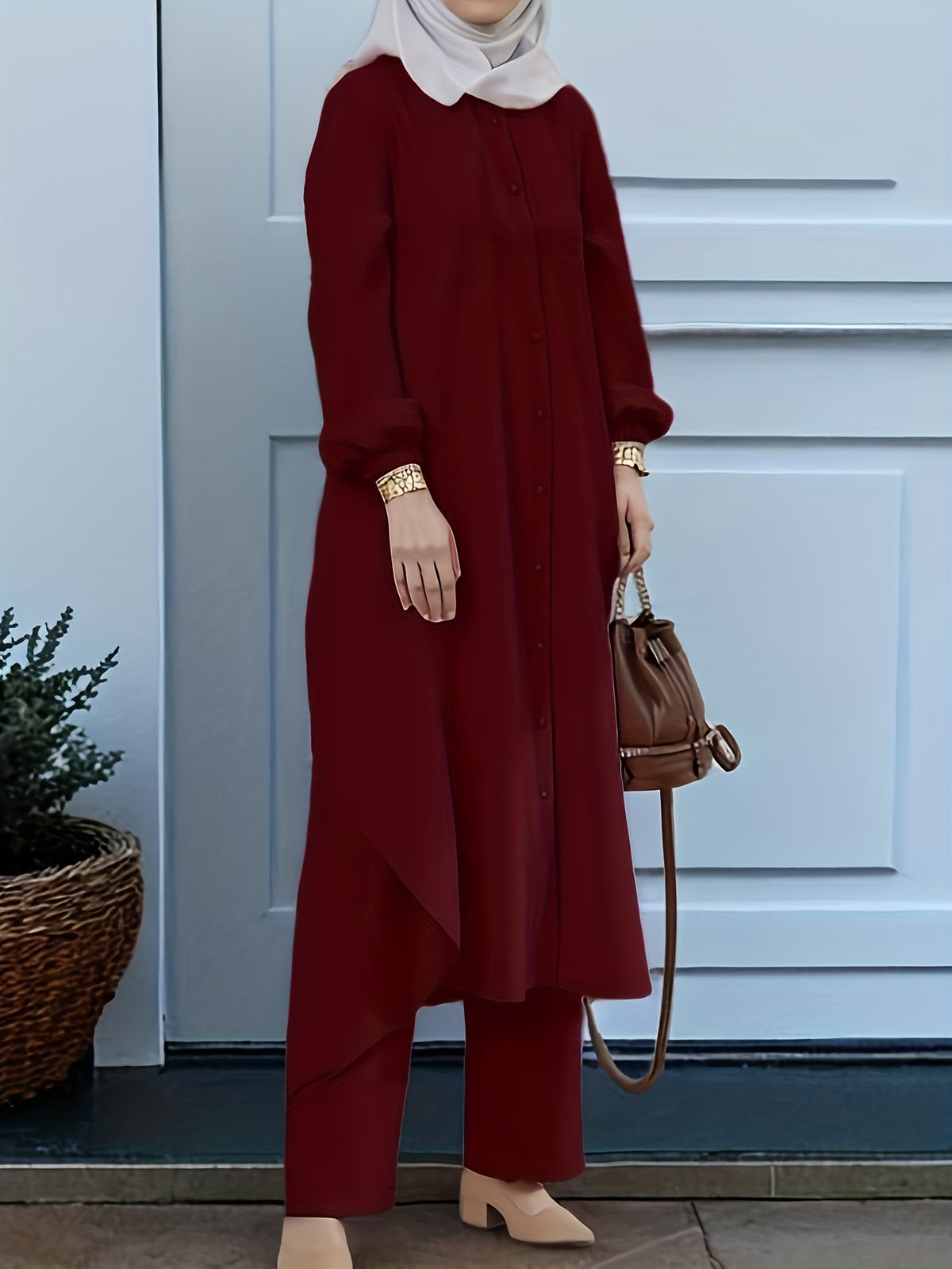 Eid | Elegant Front Button Autumn-Winter 2pcs Jilbab Set | Plain Front Button Abaya Women Modest + Loose Wide Leg Pants | Banquet, Date, Urban Commute - Burgundy
