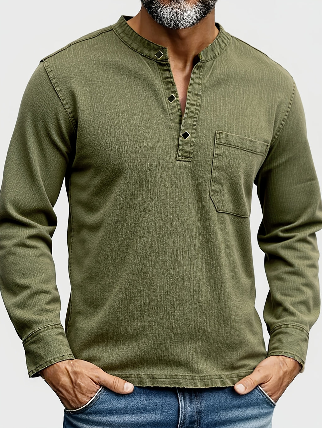 Men's Casual Denim Stand Collar Half-Open Placket Henley Shirt with Chest Pocket and Long Sleeves - Olive