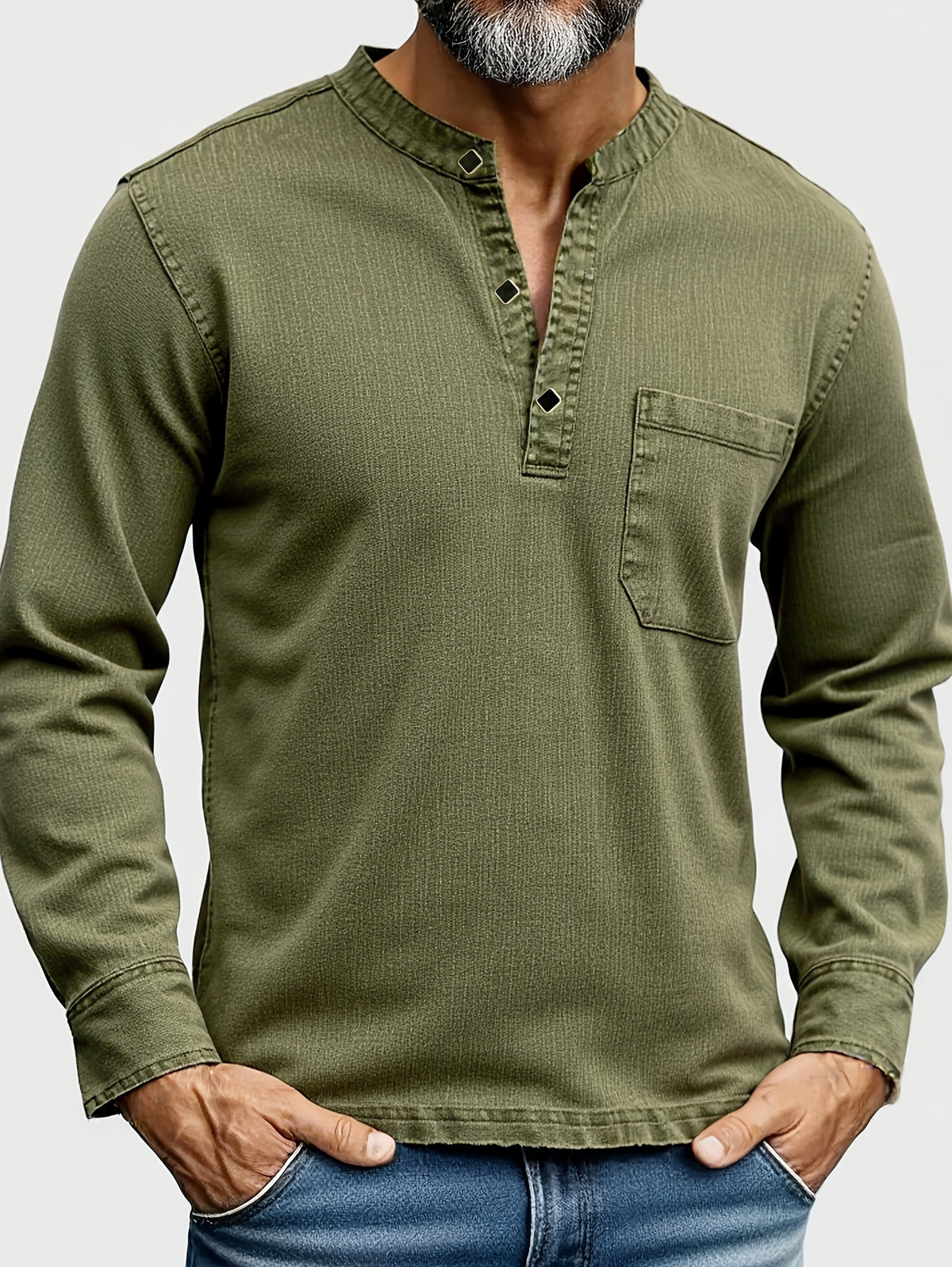 Men's Casual Denim Stand Collar Half-Open Placket Henley Shirt with Chest Pocket and Long Sleeves - Olive