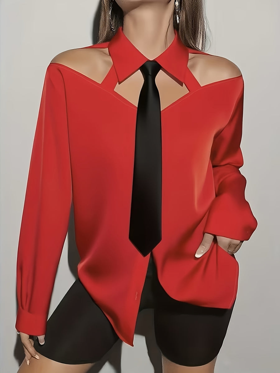 Elegant Off-Shoulder Color-Blocked Tie Long-Sleeve Blouse for Women'S Commuting: Spring Outfit Ideas, Summer Wardrobe - Red