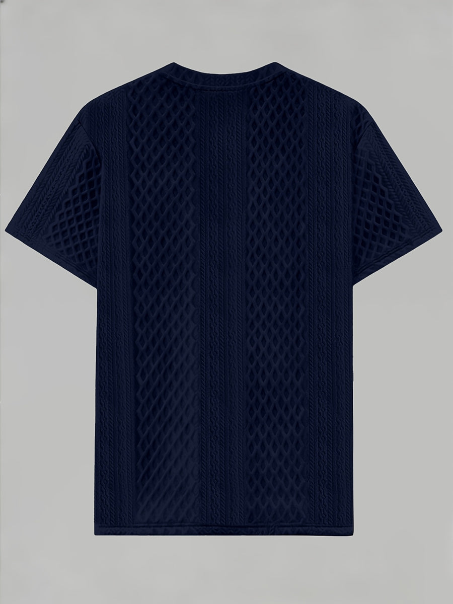 Men'S Round Neck Textured Fabric Short Sleeve T-Shirt, Suitable for Summer Casual Sports - Navy Color