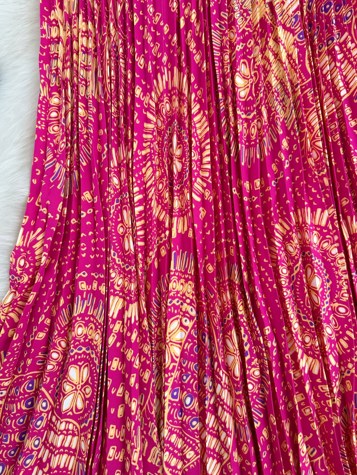 Summer High-End Print Long Dress Pleated Large Swing Skirt - Rose Red