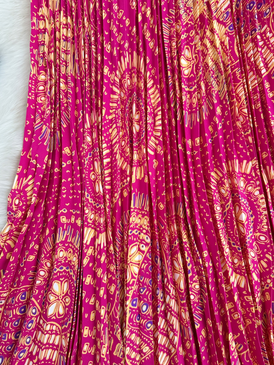 Summer High-End Print Long Dress Pleated Large Swing Skirt - Rose Red