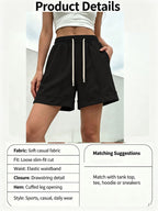 Women'S Solid Color Casual Shorts, Elastic Drawstring Waist Cuffed Hem Loose Shorts with Side Pockets, Breathable Sweatpants for Fitness, Vacation & Loungewear - Black