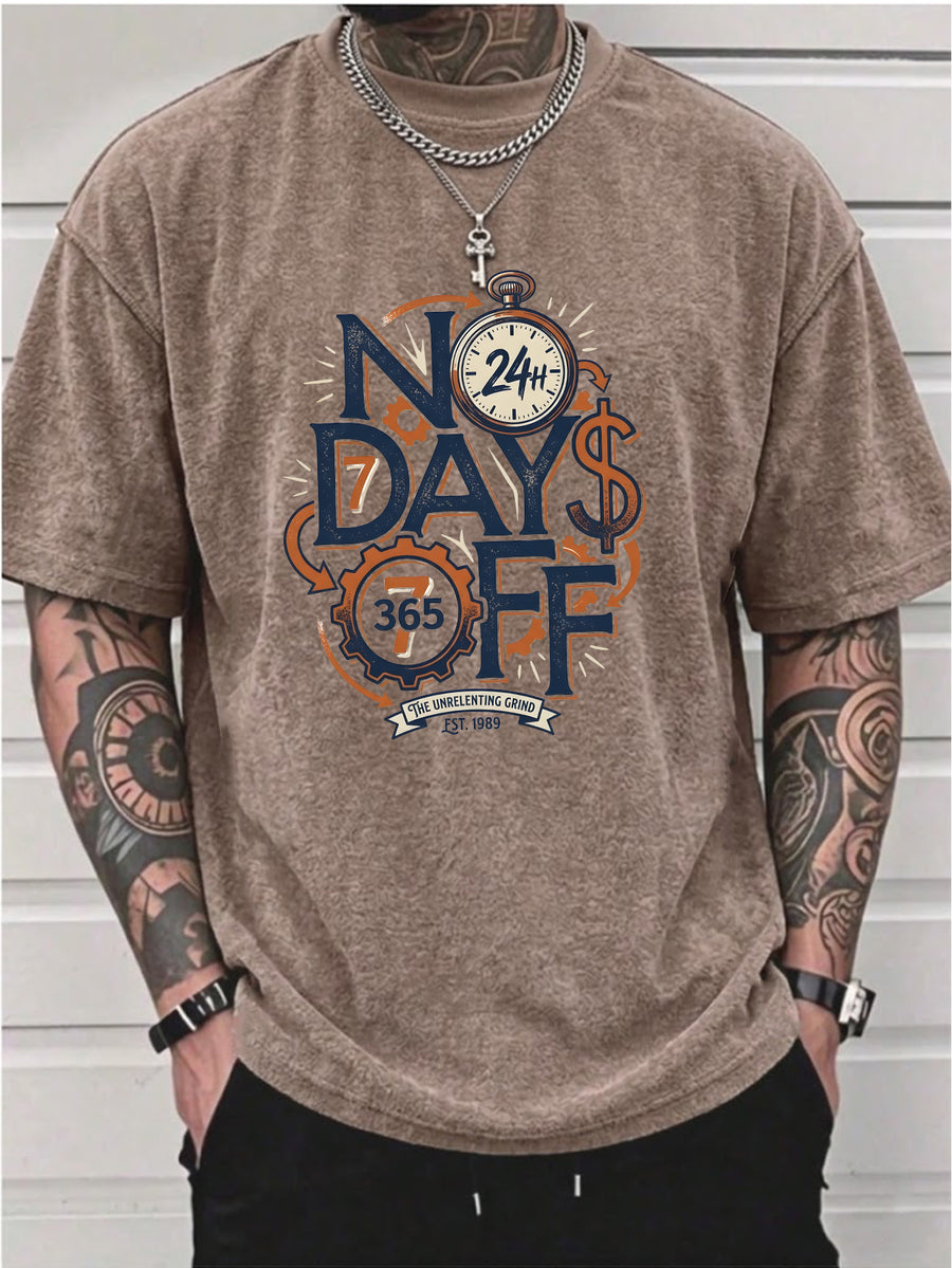 Men's Washed Short-sleeve T-shirt, Made of Pure Cotton for Breathability and Skin-friendly Comfort. Features a Relaxed Fit for Versatile Wear. Front Print with "NO DAYS OFF" Motivational Text and Gear Stopwatch Elements Exuding a Powerful Vibe - Brown