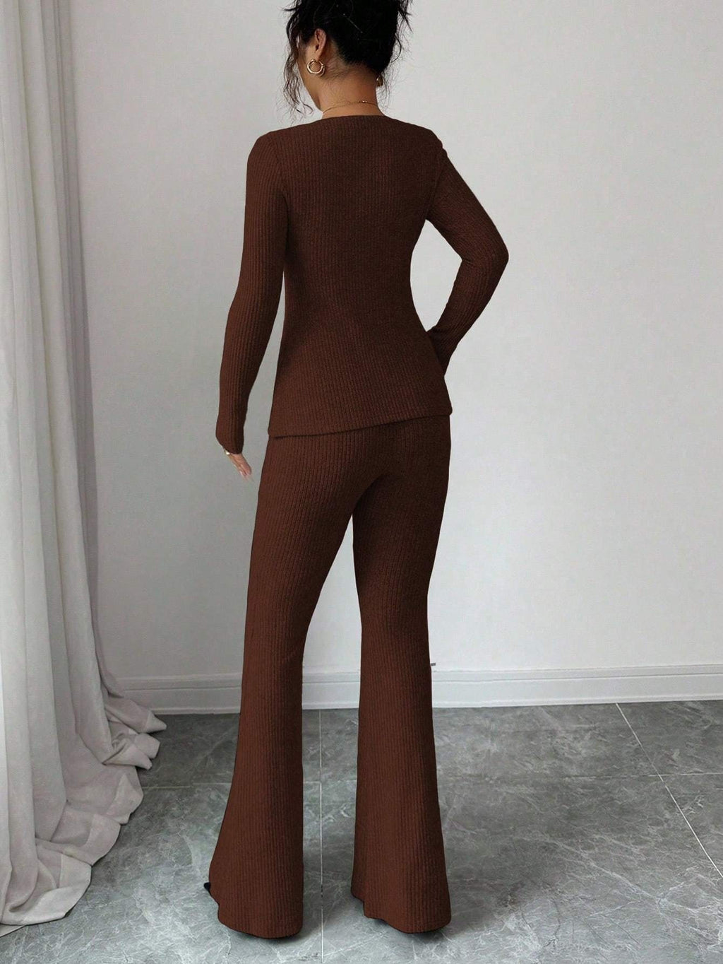 Elegant Fashion New Autumn Winter Solid Color Warm Square Neck Long Sleeve Slim Fit Waist Tie Bow Decor Top and Slim Fit Warm Flared Pants 2pcs Set - Coffee Brown