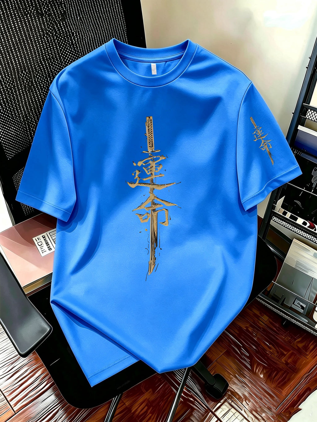 Men's Chinese Style T-Shirt with Jian Sword & Traditional Text Print - Crew Neck Short Sleeve Top, Suitable for Summer Streetwear, Casual Daily Wear, Chinese Cultural Apparel for - Royal Blue