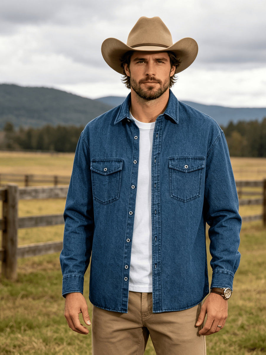 Men'S 100% Denim Long Sleeve Shirt, Vintage Lapel Double Chest Pockets Workwear Button, Durable, Breathable And Wrinkle-Resistant, Loose Fit for Daily Commute, Outdoor And Casual Wear, Suitable for Spring, Autumn And Winter Layering - Dark Blue