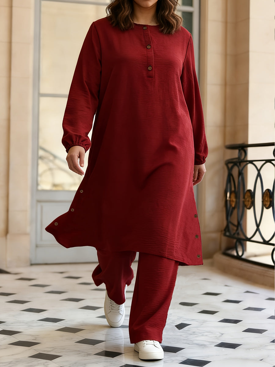 Eid Elegant Muslim 2pcs Jilbab/Abayas Set | Wooden Button Abaya with Wide-Leg PantsDaily Modest Wear - Burgundy