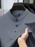 Joshime OBM Men's T-Shirt, New Summer Style, Men's Stand Collar Solid Color Short Sleeve Tee, Middle-Aged Casual Half-Sleeve T-Shirt - Grey