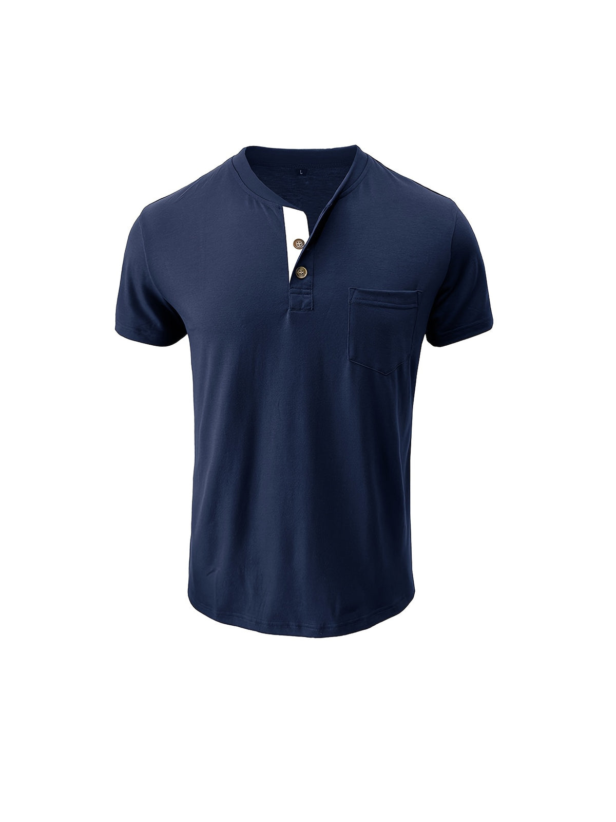 Men'S Summer Round Neck Short Sleeve T-Shirt Henley Shirt Pocket Top - Navy Color