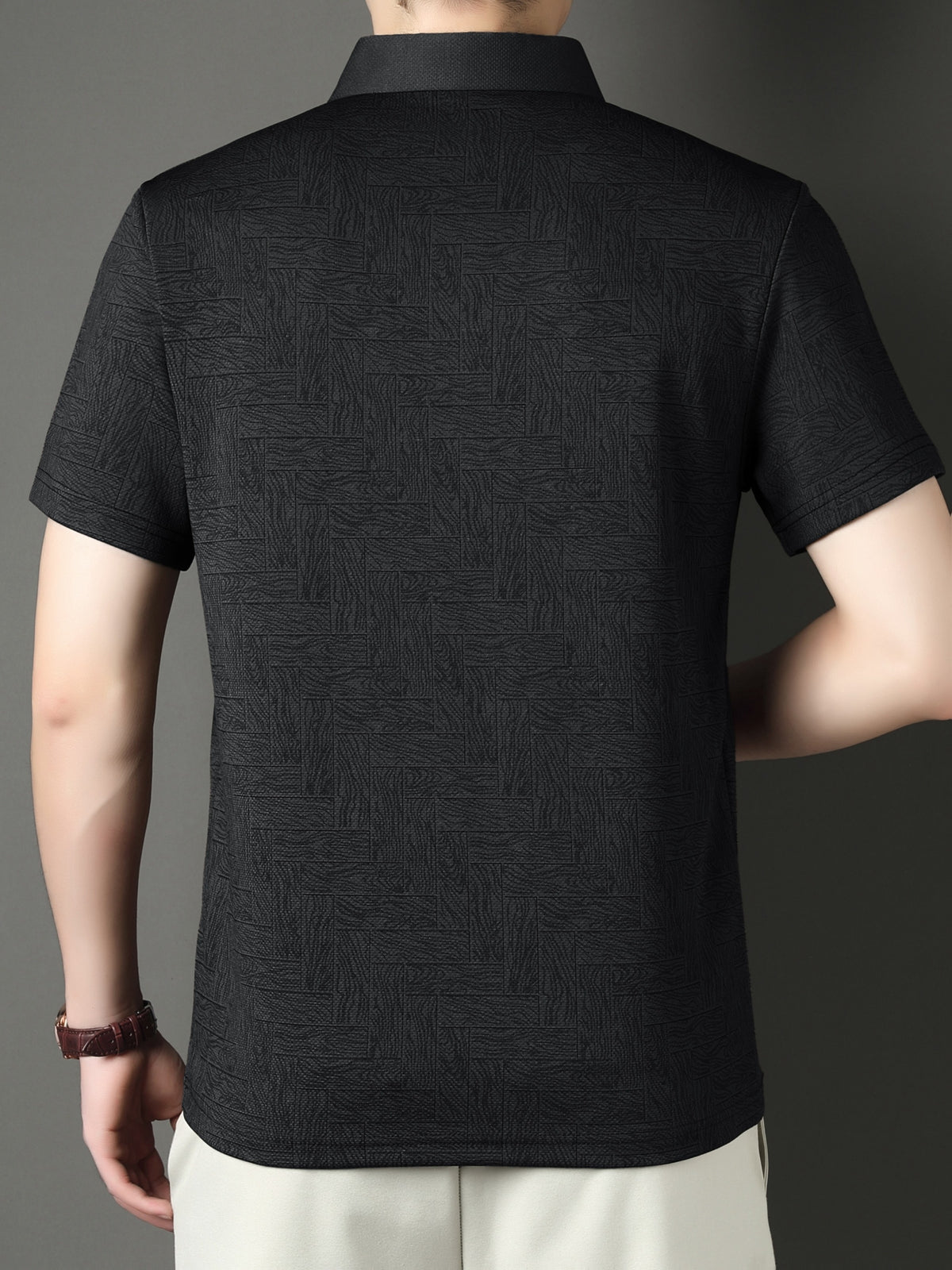 New Summer Men's Geometric Mahjong Tile Short-Sleeve Shirt, Men's Business Casual Fashion Lapel Pullover Executive Top - Black