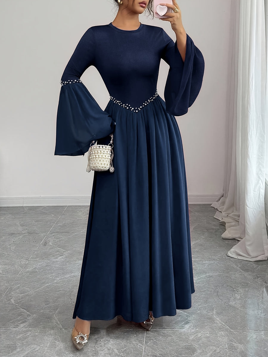 Women'S Elegant Long Sleeve Flared Waist-Cinching A-Line Dress with Pearl Round Neck - Navy Color