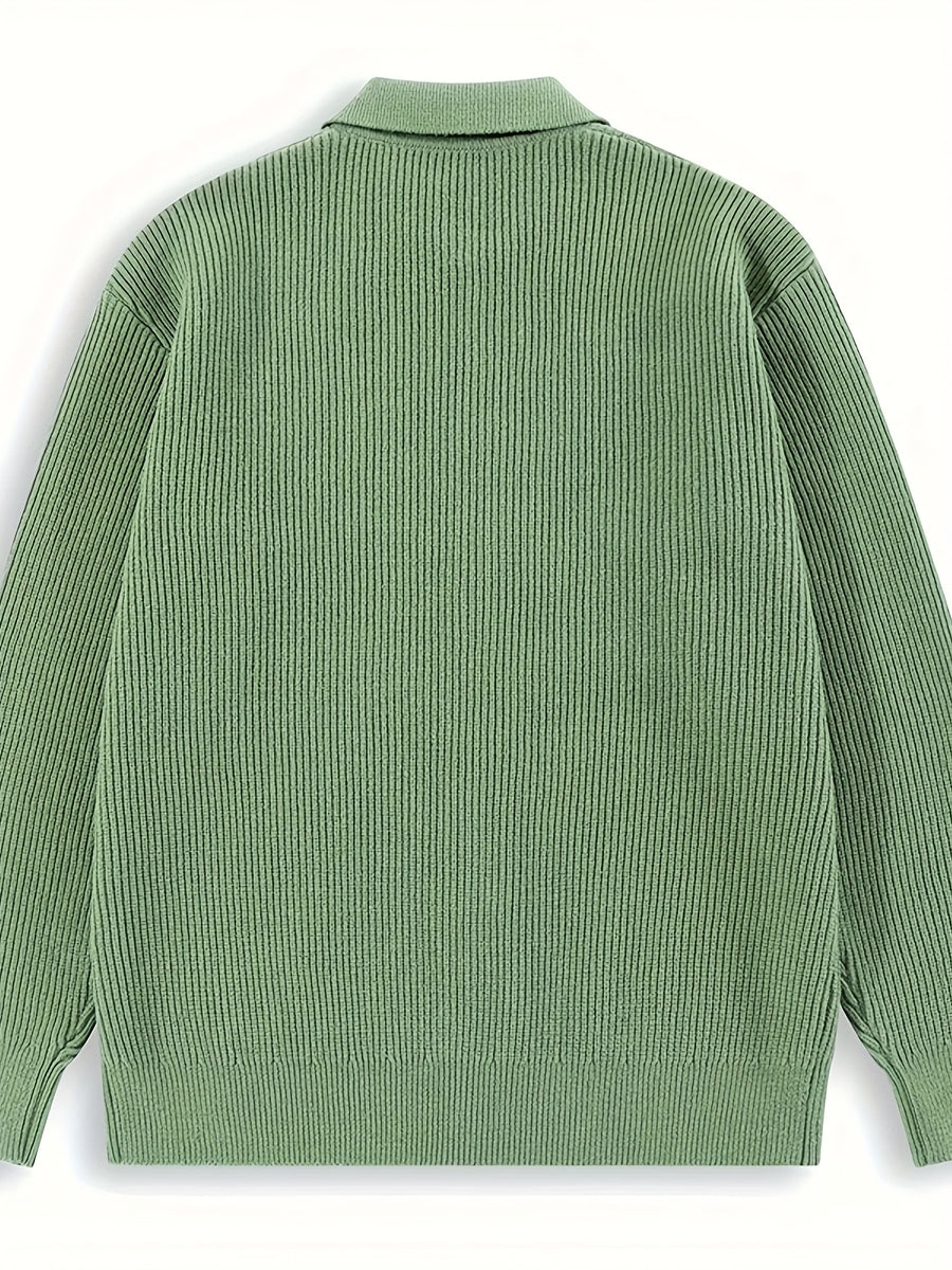 Men's Casual Knit Cardigan - Solid Color, Button-Up with Lapel Collar, Loose Fit for Fall/Winter - Green