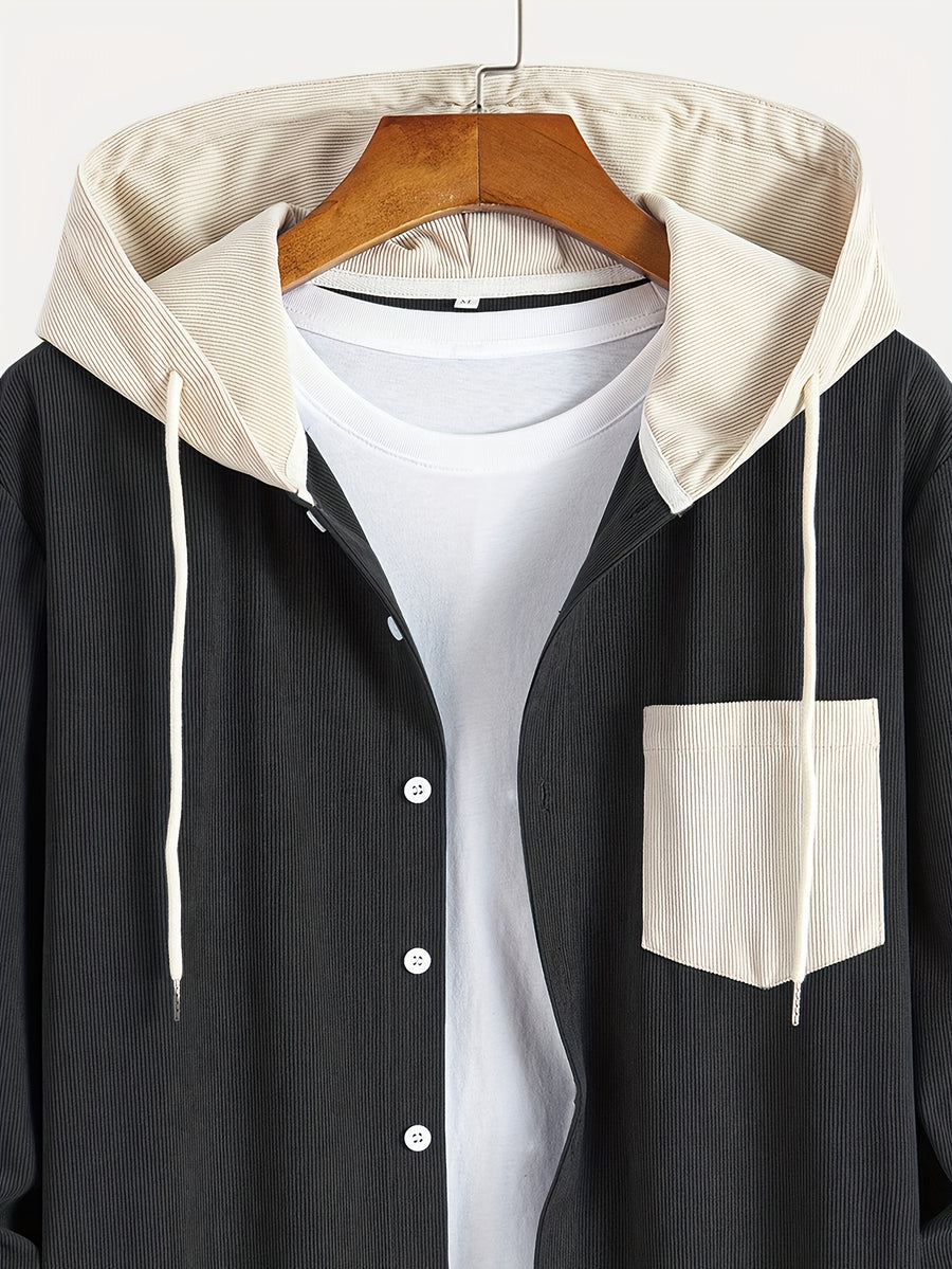 Color-Block Trendy Long Sleeve Hooded Jacket - Black