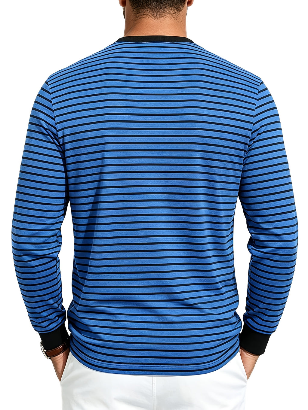 Men'S Spring Autumn Casual Loose Easy Striped Outdoor Commuter Long Sleeve Henley Shirt - Royal Blue