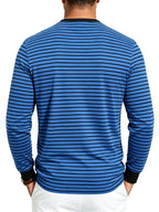 Men'S Spring Autumn Casual Loose Easy Striped Outdoor Commuter Long Sleeve Henley Shirt - Royal Blue