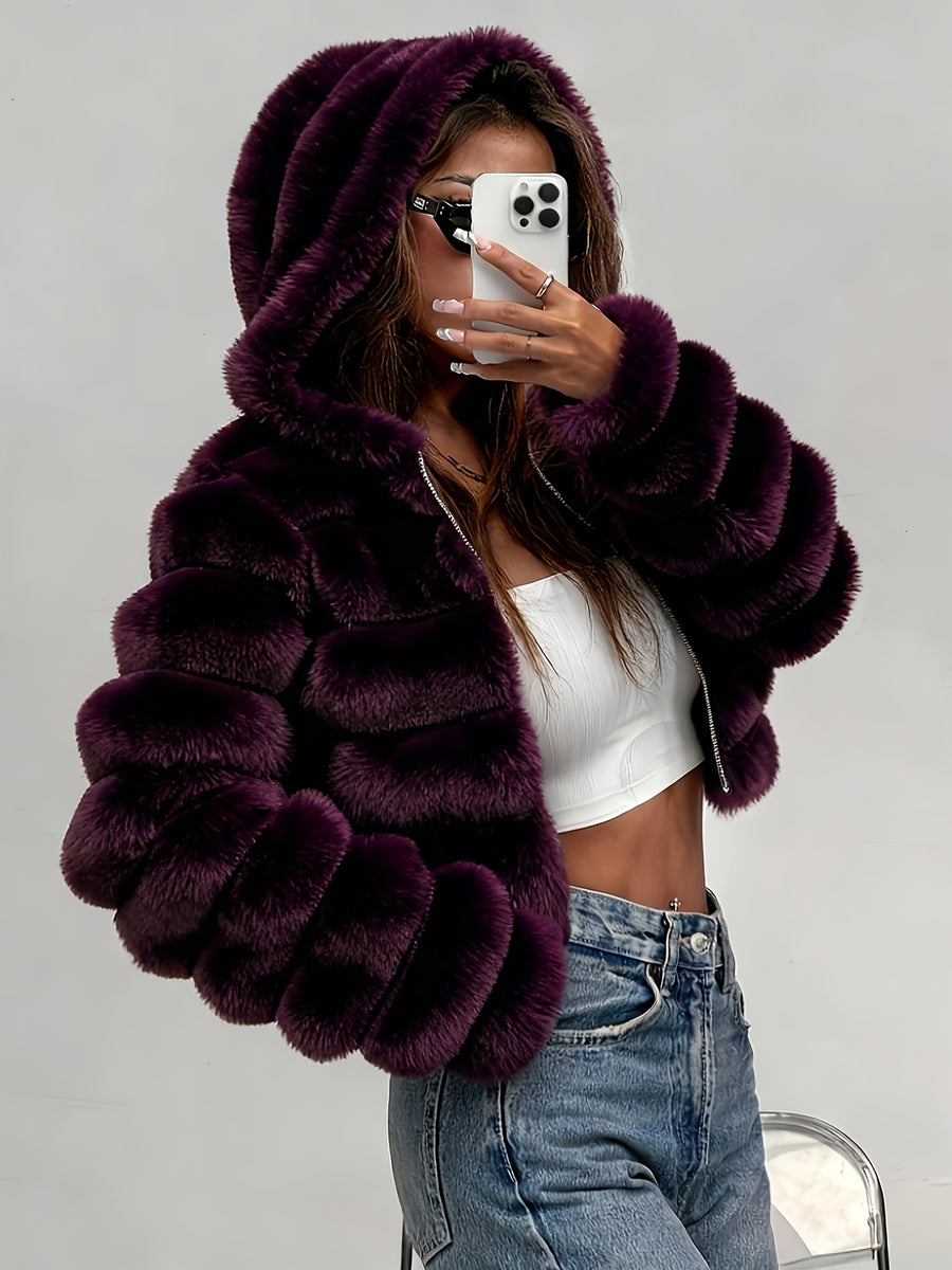 New Autumn/Winter 3D Effect Women's Hooded Plush Jacket, a Stylish and Warm Autumn/Winter Outfit - Purple