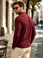1pc Men'S Long Sleeve Henley Shirt, Stand Collar Slim Fit Casual Top, Solid Color Micro-Elastic Machine Washable Fabric, Contrast Stitching, Pocket Design Suitable for Early Autumn, for Daily, Travel, Dates - Burgundy