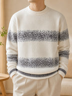 1pc Du Jing Lan OBM Men's Knit Sweater - Old Money Style Color Striped Crew Neck Sweater Suitable for Layering, Business Casual & Outdoor Wear, Warm Winter Pullover for Golf, Basketball, Running, Daily Layering (Regular Fit) - White