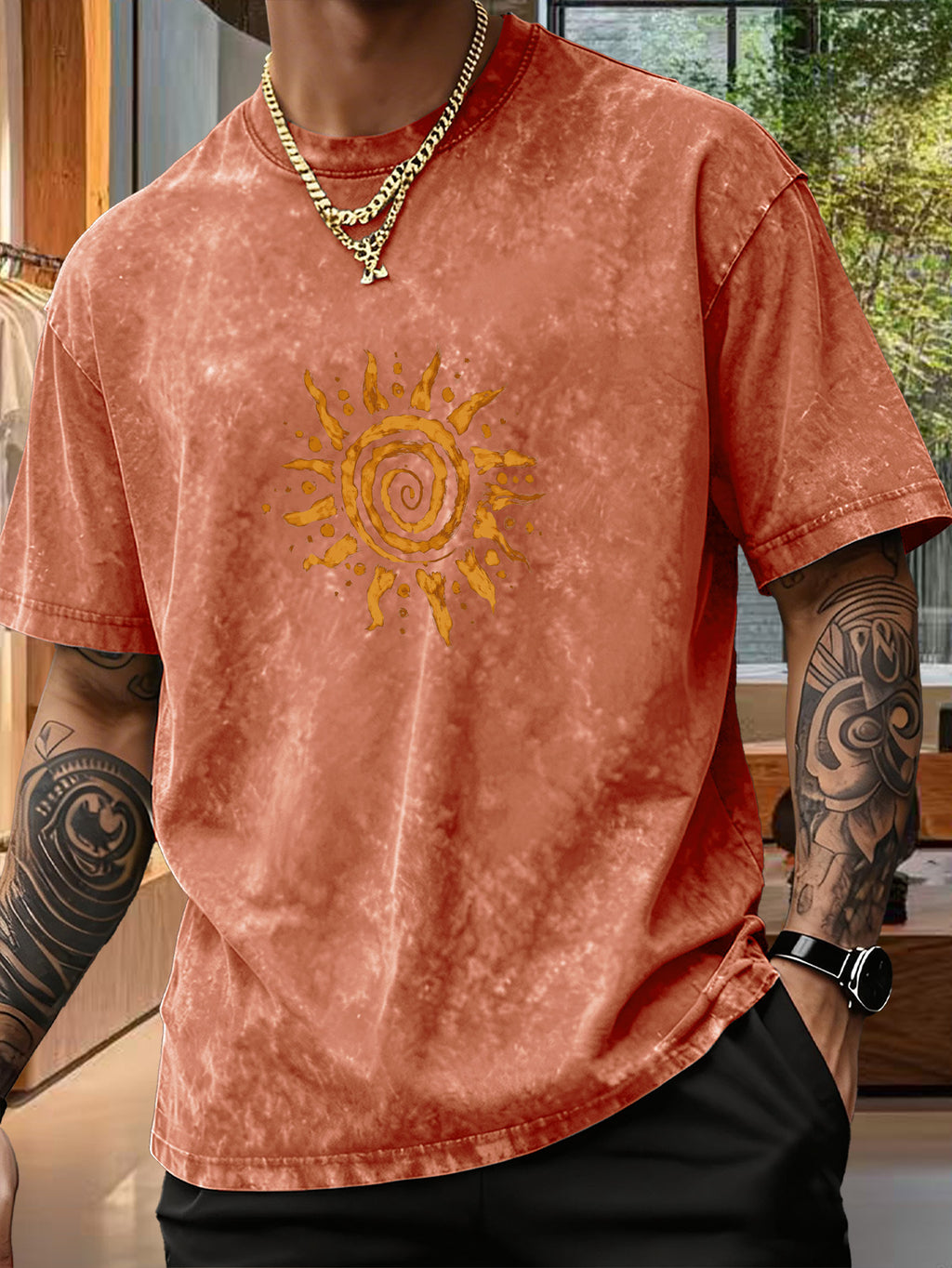 Men's Short-Sleeve T-Shirt, Pure Loose Fit Top, Trendy Reversible Double-Sided Swirl Sun Print, 12 Colors for  Mix & Match, Washed Distressed American Street Style, Versatile for Daily Outings, Streetwear, Sports, Fitness, and Commuting - Orange