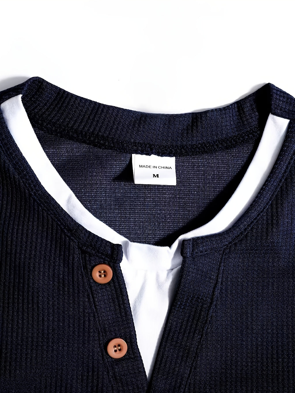 Spring/Autumn Men's Waffle Knit Henley Neck T-Shirt 2-in-1 Look Black and White Color Block Loose Long Sleeve Top - Navy Color