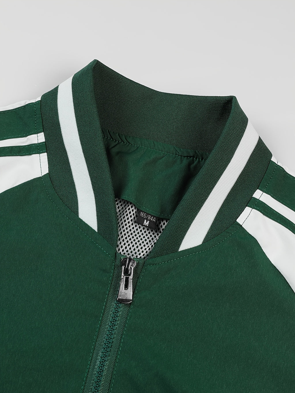 Men's Spring/Autumn Color-Block Striped Lightweight Jacket with Mesh Lining, Casual Outerwear, Outdoor Sports Baseball Jacket, Raglan Sleeve Design, Cropped Style - Dark Green