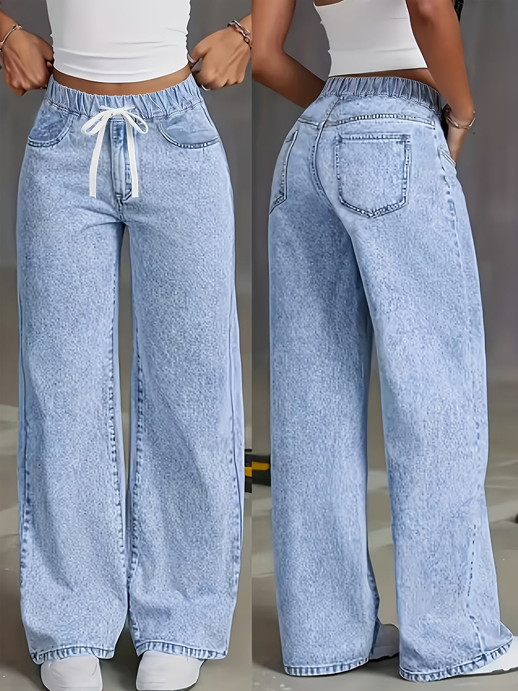 Women's 2026 New Loose-Fit High-Waist Wide-Leg Jeans with Tummy Control, Washed Snowflake Effect with Pockets, Relaxed Fit for Year-Round Wear. Featuring Slant Pockets and Elastic Waistband in Denim Fabric. Comfortable Long Pants Perfect for Travel - Light Blue