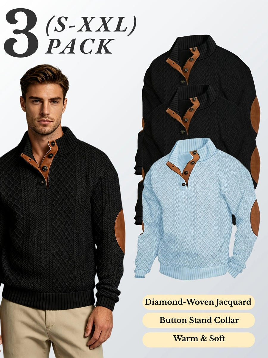 3pcs Men'S Textured Jacquard Knit Sweater Retro Casual Button-Up Stand Collar Long Sleeve Top for Autumn Winter Outing Home Versatile Basic Solid Color - Black 2+ Sky Blue