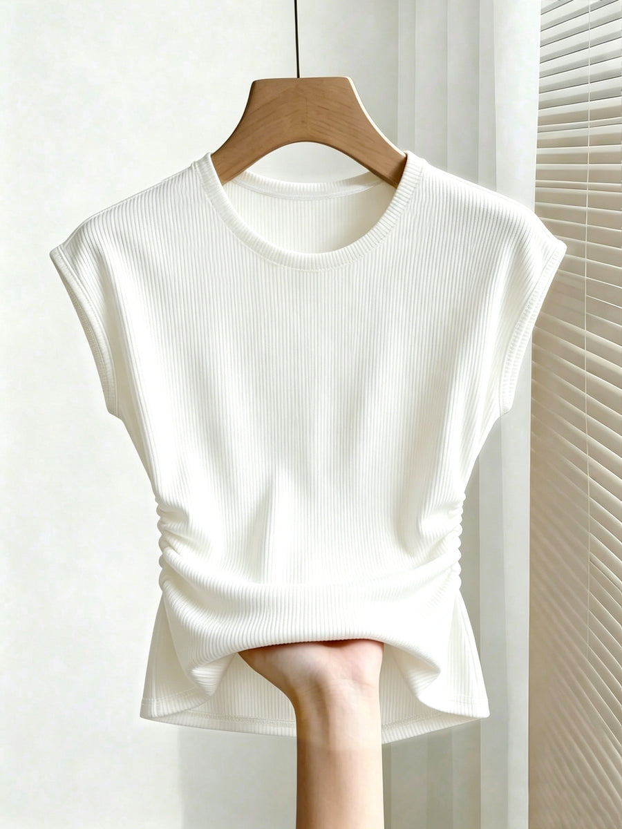 Neck Pleated Waist White Casual Ribbed Short Sleeve T-Shirt for Women - White
