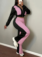 Autumn-Winter Fashion Color Block Hooded Sweatshirt and Pants Set - Black With Pink