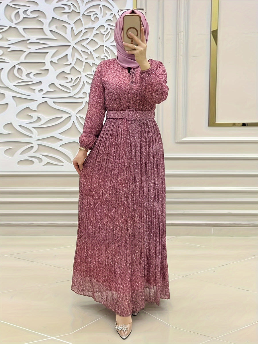 Women's Middle Eastern Muslim Chiffon Floral Print Long Dress - Dark Pink