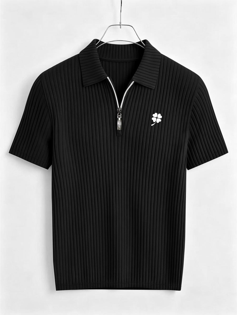 Men's Summer Casual Half-Zip Lapel Outdoor Sports Printed Short-Sleeve Polo Shirt - Black