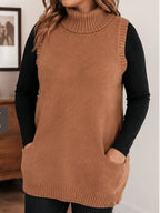 Plus Size, Solid Color High-neck Vest with Pockets, Suitable for Outdoor, Travel, Photography, and Brunch, Autumn/winter Fashion, Available in Plus Sizes - Amber
