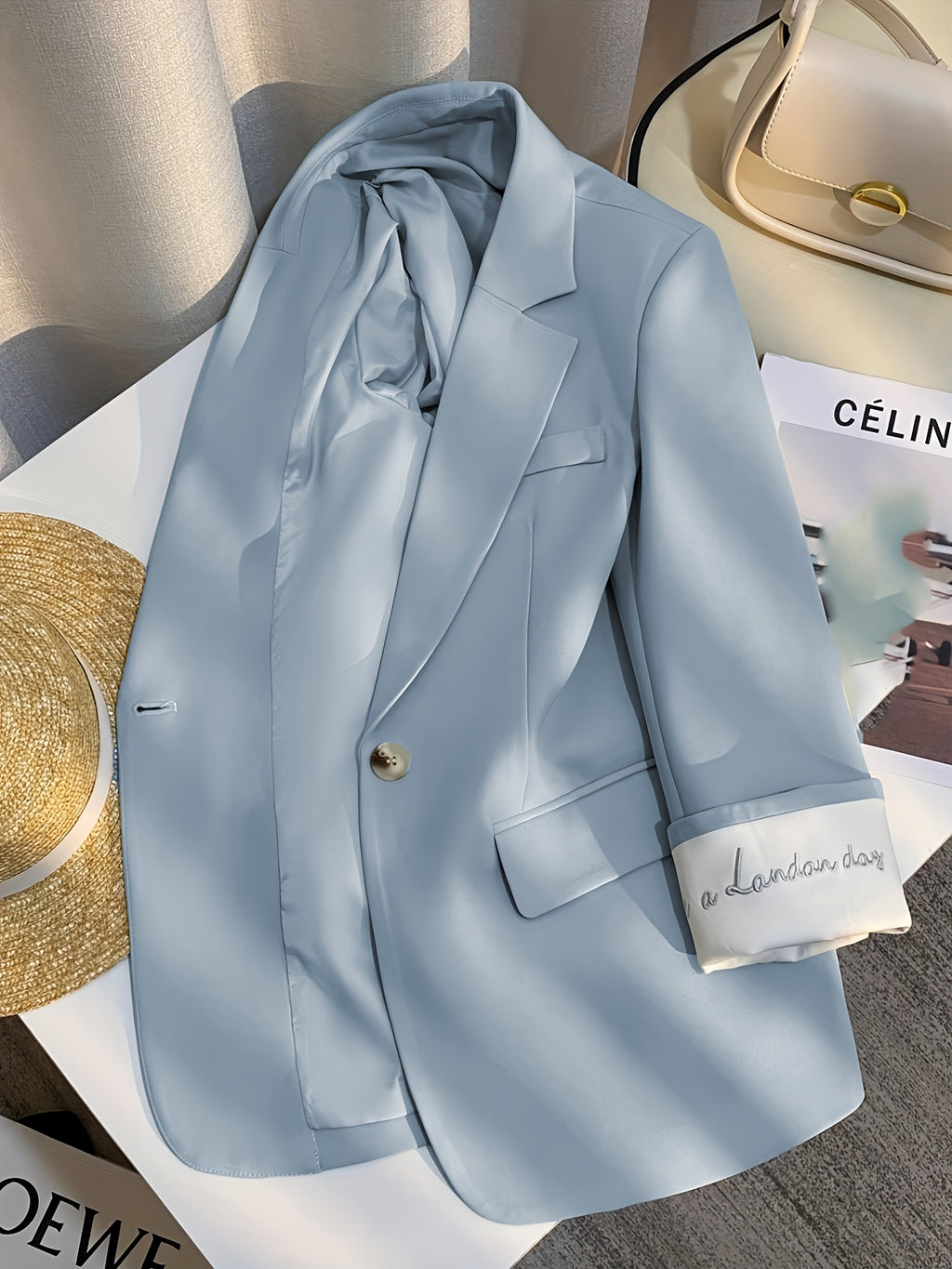 Solid Color Embroidered Blazer for Women, New Korean-Style Fashion for Spring And Autumn 2025, Trendy One-Button Small Suit - Light Blue