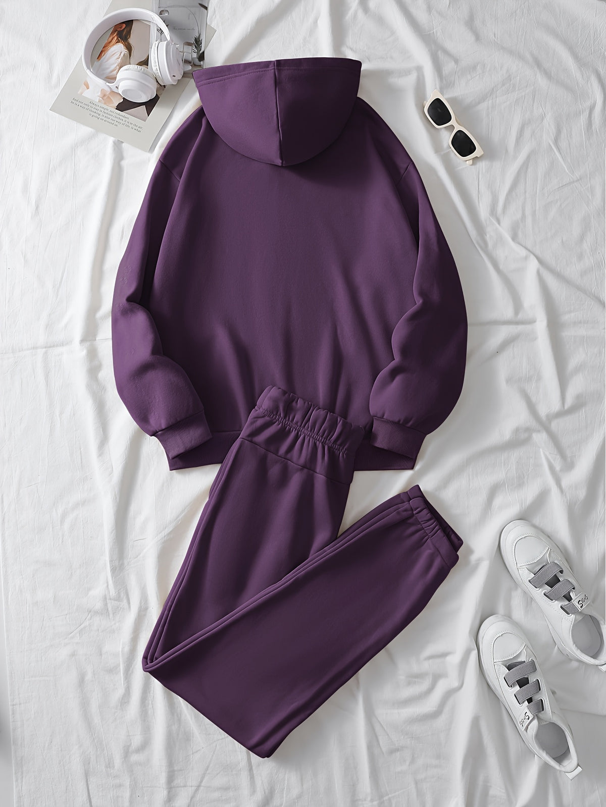 Ladies' Casual Hoodie Set, Spring and Summer S 2pcs Set, Hooded Pullover Sweatshirt, Women's Jacket, Korean Version, Fashionable Pants, Breathable Fabric, Comfortable Touch - Deep Purple