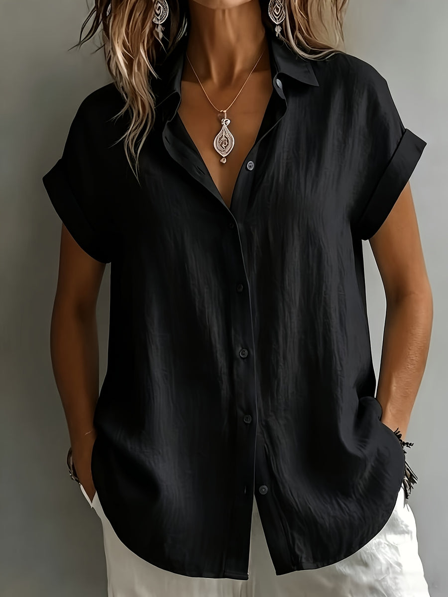 Women'S Elegant Vacation Style Short Sleeve Top, Loose Lazy Shirt, Commute Casual Literary Style, And Covering, Daily Temperament Style, Loose Drape, Breathable And Comfortable - Black