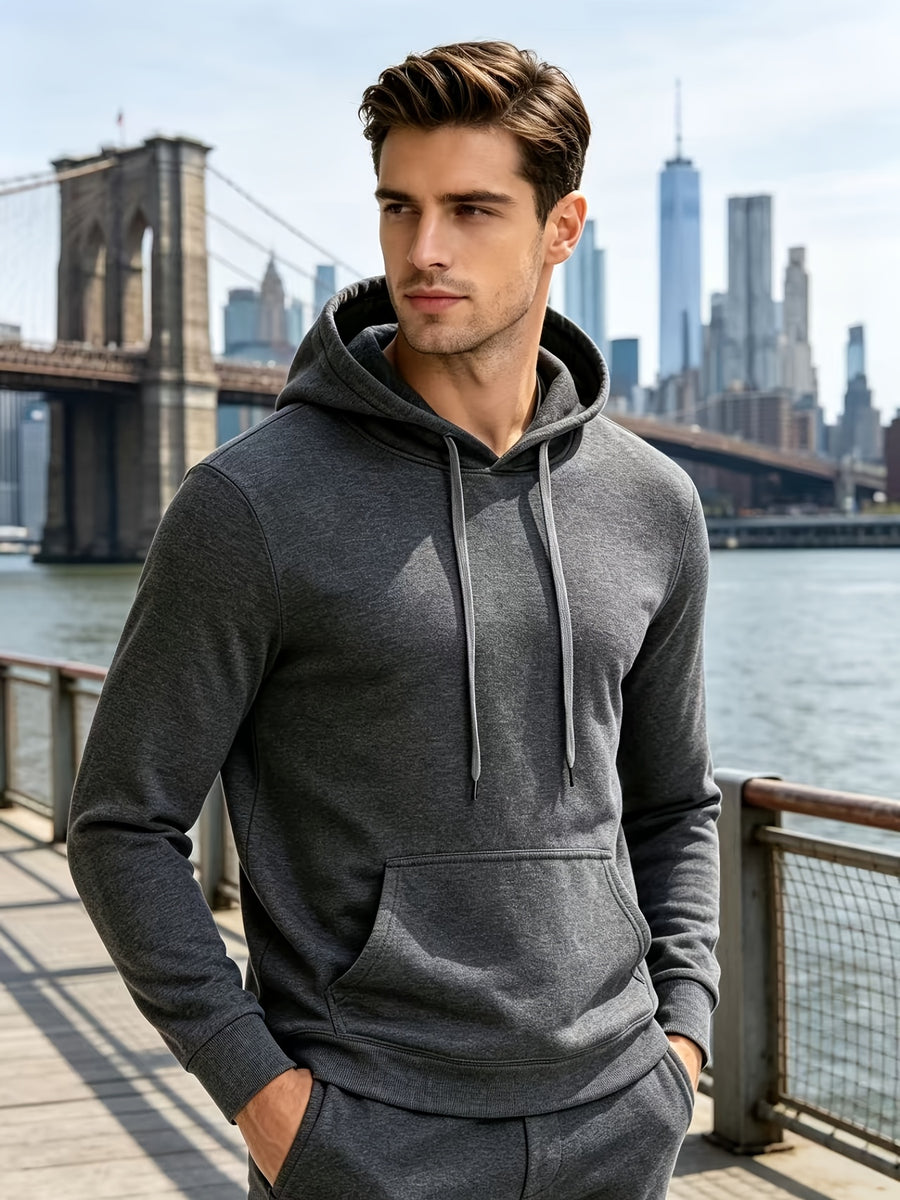 Solid Color Hooded Sweatshirt for Men, Sporty Casual Pullover, Solid Color Long-Sleeve Jacket, Simple and Versatile Warm Top - Dark Gray